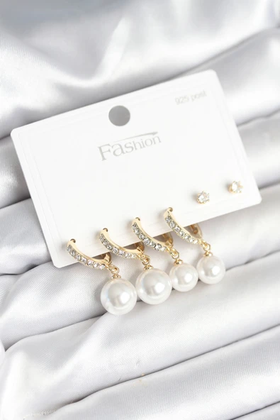 Gold Renk Zirkon Taşlı Pirinç İncili 925 Ayar Gümüş Çivili Küpe Seti - TJ-BKP11267 ürün görseli