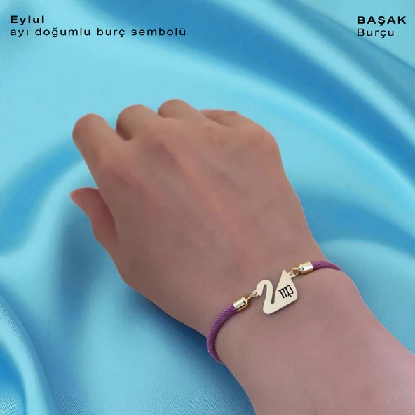 14 Ayar Altın Plakalı Doğum Ayına Özel Mor İpek Örgülü Kuğu Kuşu Motifli Hediye Bileklik-605 - Resim 2