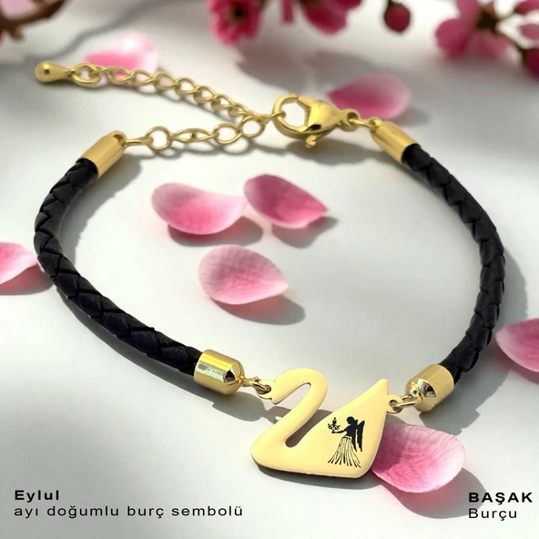 14 Ayar Altın Plakalı Burca Özel Doğal Siyah Derili Kuğu Kuşu Figürlü Hediye Bileklik-606 ürün görseli