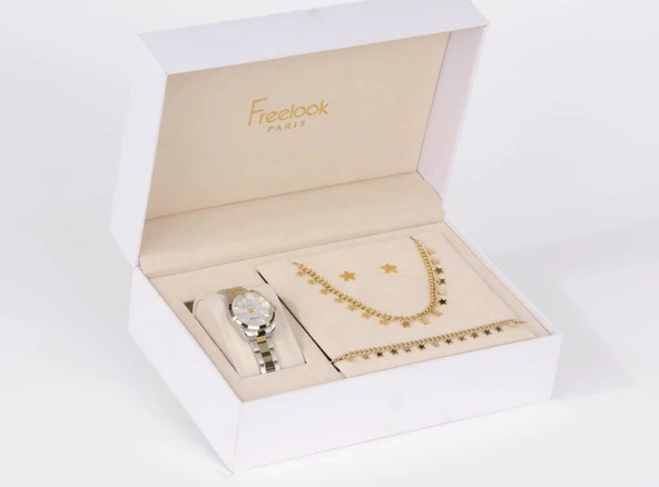 Freelook FL.1.10488-3 Kolye Bileklik ve Küpe Hediyeli 5 ATM Suya Dayanıklı Çelik Kordon Gümüş-Altın Kadın Kol Saati