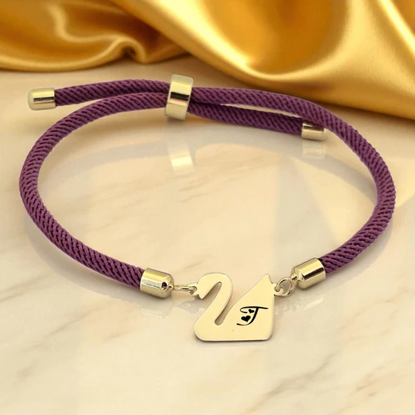 14 Ayar Altın Plakalı Harfe Özel Mor İpek Örgülü Kuğu Kuşu Motifli Hediye Bileklik-605 ürün görseli