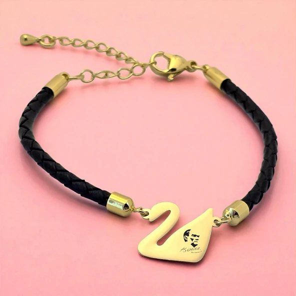 14 Ayar Altın Plakalı Sembole Özel Kuğu Kuşu Figürlü Doğal Siyah Derili Hediye Bileklik-606 ürün görseli