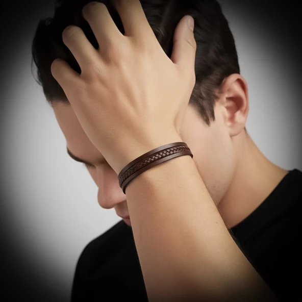 Kahverengi Deri Erkek Bileklik – Titanyum Çelik Manyetik Kilitli 31833B14D4 - Resim 2