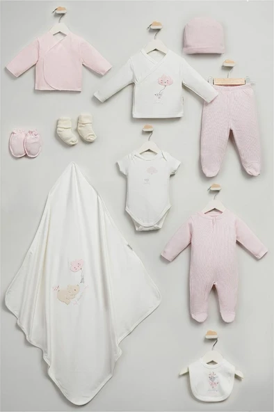 Bebitof  %100 Pamuk Sevimli Kutup Ayısı ve Kuş Desenli 10 Parça Kutulu Yenidoğan Hastane Çıkışı Zıbın Seti BBTF.PMB.10117