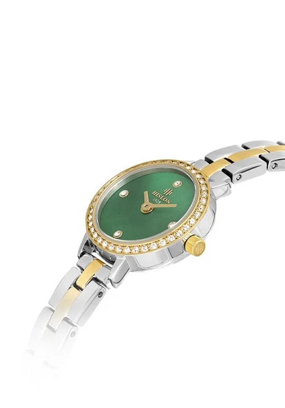 Hislon QL182T-15SG Taşlı Minimal Tasarım Safir Çizilmez Cam Metalik-Altın Renk Kadın Kol Saati - Resim 4