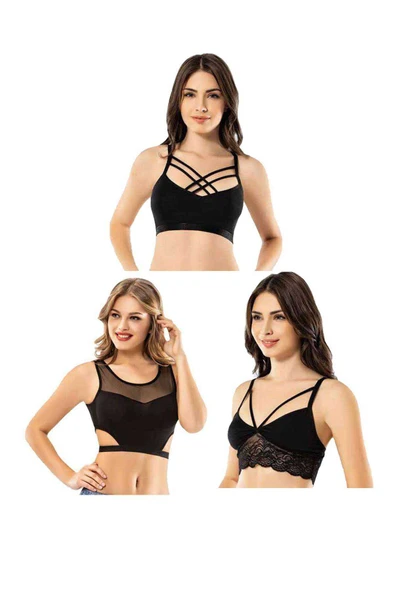 Kota 3 Adet Dantelli Çapraz İpli Tül Model Büstiyer - 3