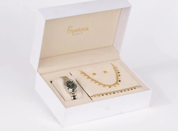 Freelook FL.1.10488-4 Kolye Bileklik ve Küpe Hediyeli 5 ATM Suya Dayanıklı Çelik Kordon Gümüş-Altın Kadın Kol Saati - 1