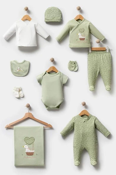 Bebitof %100 Pamuk Sevimli Sepetteki Ördek Desenli 10 Parça Kutulu Yenidoğan Hastane Çıkışı Zıbın Seti BBTF.YSL.10119