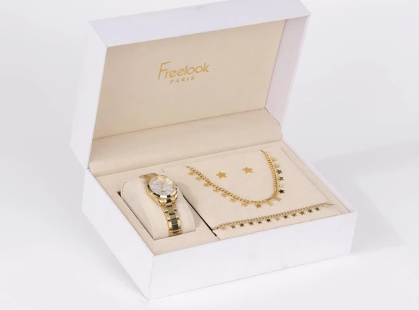 Freelook FL.1.10488-2 Kolye Bileklik ve Küpe Hediyeli 5 ATM Suya Dayanıklı Çelik Kordon Altın Renk Kadın Kol Saati