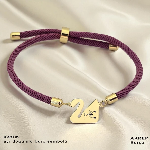 14 Ayar Altın Plakalı Burca Özel Mor İpek Örgülü Kuğu Kuşu Motifli Hediye Bileklik-605 ürün görseli