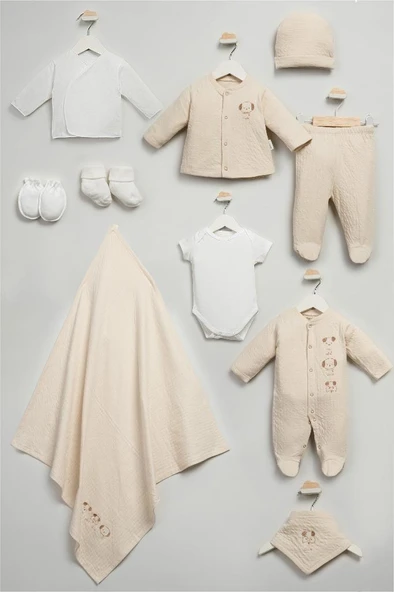 Bebitof %100 Pamuk Sevimli Köpekcikler Desenli 10 Parça Kutulu Yenidoğan Hastane Çıkışı Zıbın Seti BBTF.BJ.10116