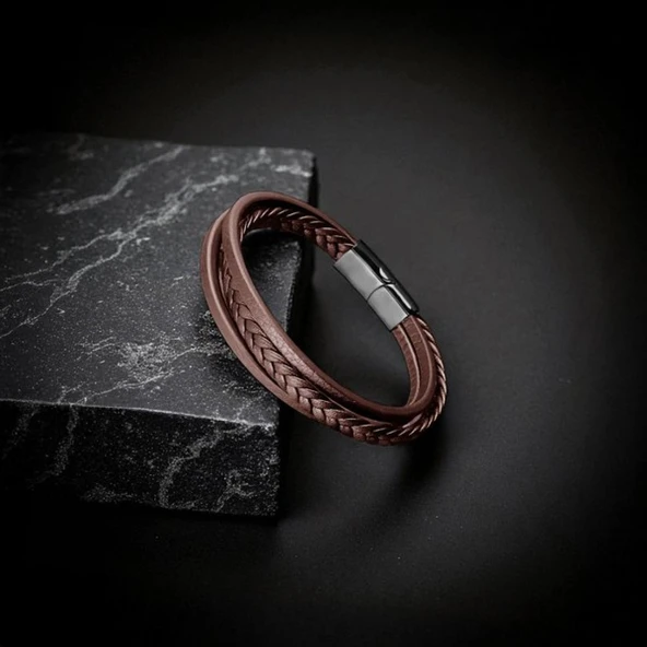 Kahverengi Deri Erkek Bileklik – Titanyum Çelik Manyetik Kilitli 31833B14D4 - Resim 3