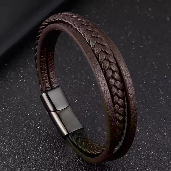 Kahverengi Deri Erkek Bileklik – Titanyum Çelik Manyetik Kilitli 31833B14D4 - Resim 5