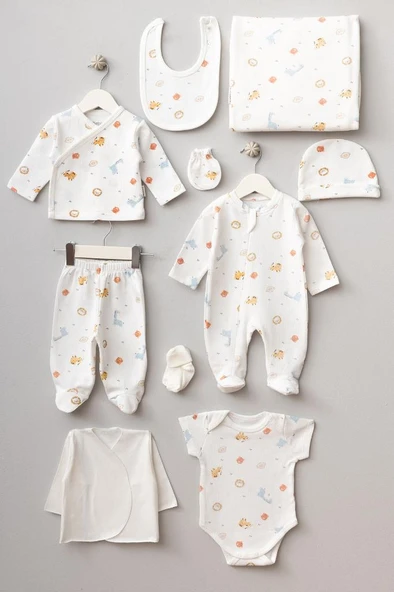 Bebitof %100 Pamuk Ormanın Sevimli Canlıları Desenli 10 Parça Kutulu Yenidoğan Hastane Çıkışı Zıbın Seti BBTF.EKR.10113