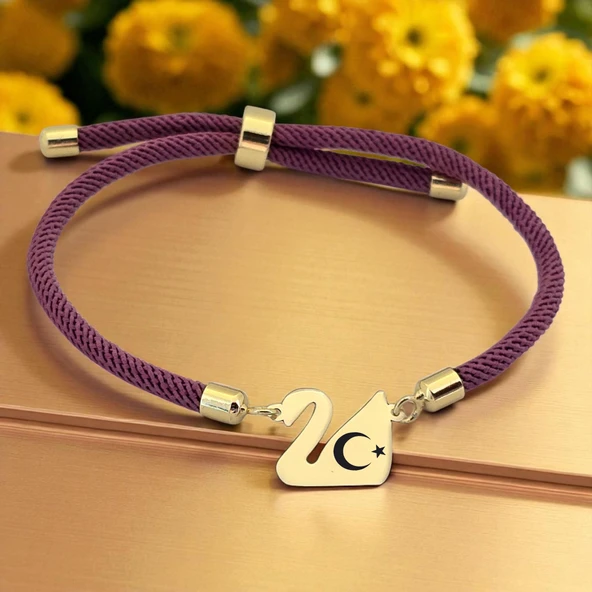 14 Ayar Altın Plakalı Sembole Özel Kuğu Kuşu Motifli Mor İpek Örgülü Hediye Bileklik-605 ürün görseli