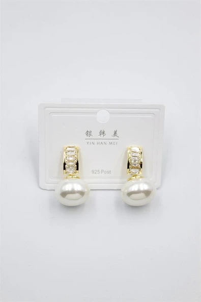 İncili Taşlı Küpe - Altın