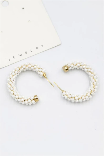 Kristal Boncuk Halka Küpe - Beyaz ürün görseli