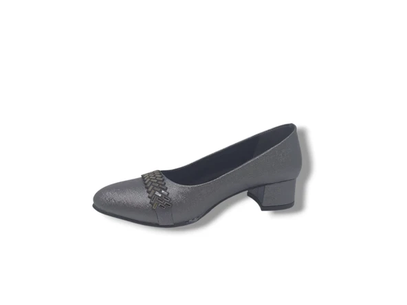 Zerhan 730 Kadın Platin Pırıltılı Taşlı Alçak Topuklu Ayakkabı - Resim 3