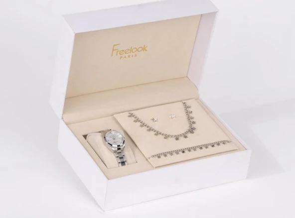 Freelook FL.1.10488-1 Kolye Bileklik ve Küpe Hediyeli 5 ATM Suya Dayanıklı Çelik Kordon Metalik Renk Kadın Kol Saati