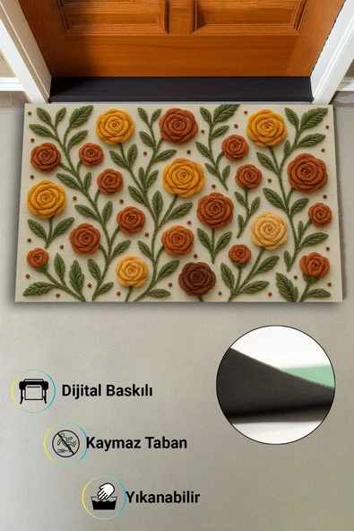 Valerine Life Sıcak İlmekler Nakışlı Güller Temalı Welcome Hoş Geldiniz Dijital Baskılı Kapı Önü Paspası 45x70cm - Resim 4