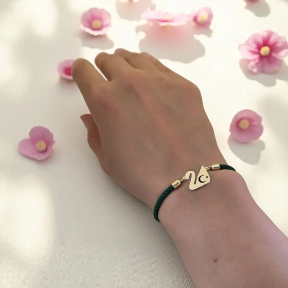 14 Ayar Altın Plakalı Sembole Özel Kuğu Kuşu Motifli Koyu Yeşil Örgü İpli Hediye Bileklik-607 - Resim 2