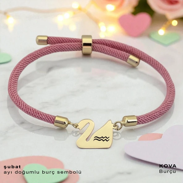 14 Ayar Altın Plakalı Doğum Ayına Özel Pembe Örgü İpli Kuğu Kuşu Motifli Hediye Bileklik-609 ürün görseli