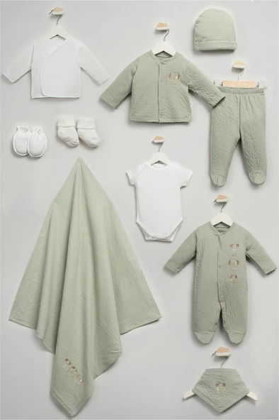 Bebitof %100 Pamuk Sevimli Köpekcikler Desenli 10 Parça Kutulu Yenidoğan Hastane Çıkışı Zıbın Seti BBTF.YSL.10116