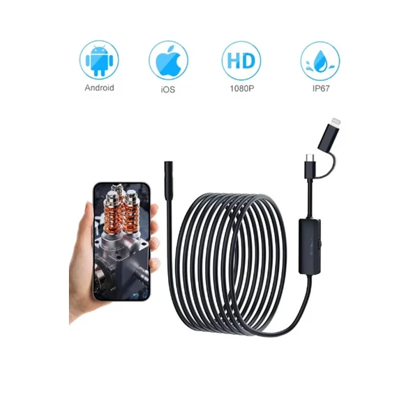 5 Metre Endoskop Yılan Video Kamera Ios Ve Android Uyumlu Led’li 8 Mm Sert Kablo 2mp