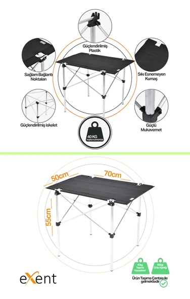 Exent 50x70 cm Kamp Masası Katlanabilir Masa, Piknik Masası, Siyah Taşıma Çantalı-KIRMIZI - 2