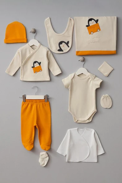 Bebitof %100 Pamuk Arabalı Penguen Desenli 10 Parça Kutulu Yenidoğan Hastane Çıkısı Seti BBTF.TRN.10094