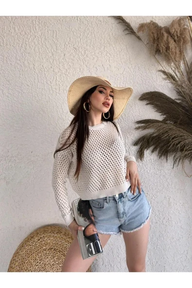 Bisiklet Yaka Triko Delıklı Kazak - KREM