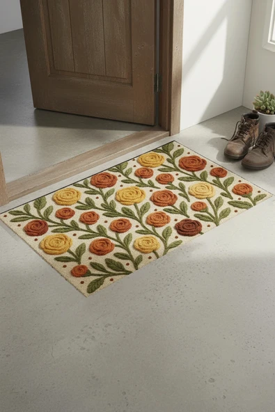 Valerine Life Sıcak İlmekler Nakışlı Güller Temalı Welcome Hoş Geldiniz Dijital Baskılı Kapı Önü Paspası 45x70cm ürün görseli