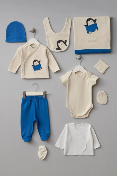 Bebitof %100 Pamuk Arabalı Penguen Desenli 10 Parça Kutulu Yenidoğan Hastane Çıkısı Seti BBTF.MV.10094