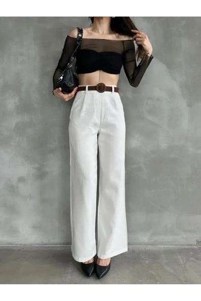Beli Kemerli  Pantolon - BEYAZ