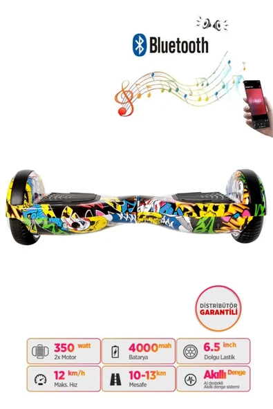 Elektrikli Kaykay Scooter Hoverboard 6.5 Inch Kurukafa Grafity Desenli Akıllı Denge D01 ürün görseli