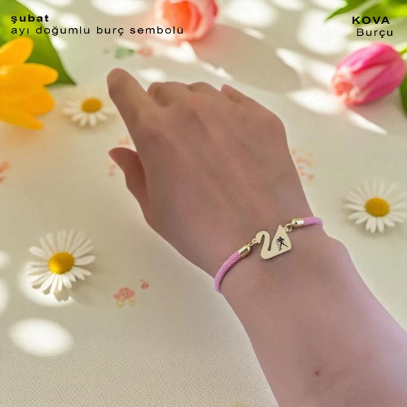 14 Ayar Altın Plakalı Burca Özel Pembe Örgü İpli Kuğu Kuşu Motifli Hediye Bileklik-609 - Resim 2