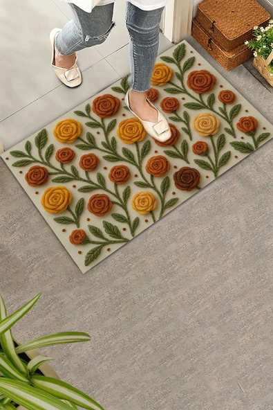 Valerine Life Sıcak İlmekler Nakışlı Güller Temalı Welcome Hoş Geldiniz Dijital Baskılı Kapı Önü Paspası 45x70cm - Resim 2
