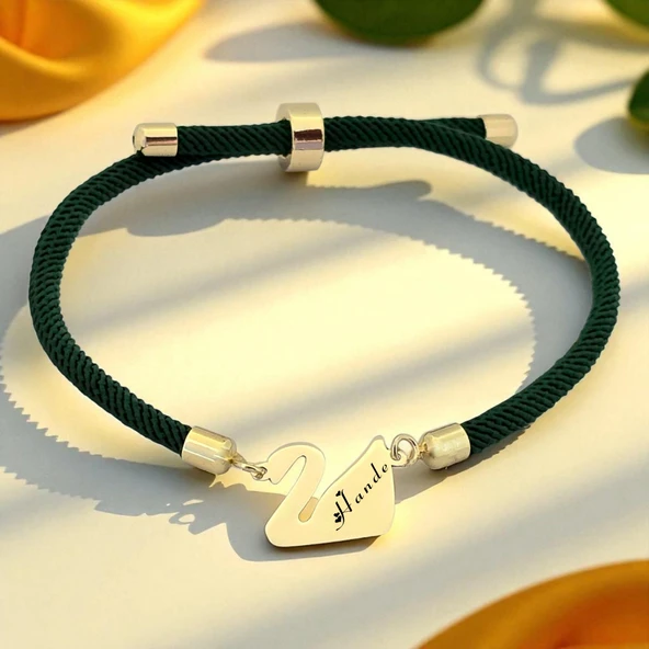 14 Ayar Altın Plakalı İsme Özel Kuğu Kuşu Motifli Koyu Yeşil Örgü İpli Hediye Bileklik-607 ürün görseli