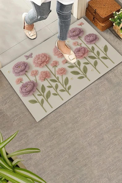 Valerine Life İplikten Düşler Nakışlı Şakayık Çiçekler Welcome Hoş Geldiniz Dijital Baskı Kapı Önü Paspası 45x70cm - Resim 2