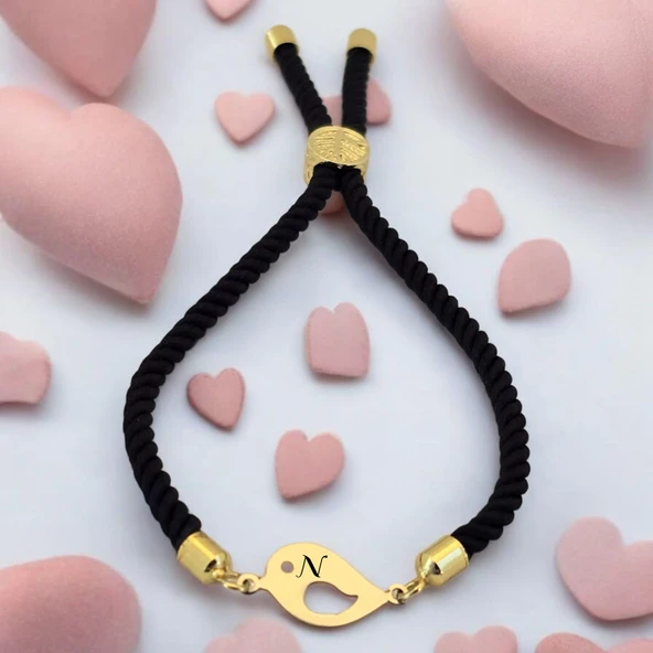 14 Ayar Altın Plakalı Harfe Özel Siyah İpek Örgülü Sevgi Kuşu Figürlü Hediye Bileklik-610 ürün görseli