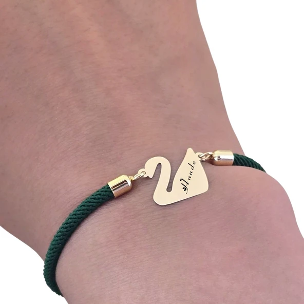 14 Ayar Altın Plakalı İsme Özel Kuğu Kuşu Motifli Koyu Yeşil Örgü İpli Hediye Bileklik-607 - Resim 3