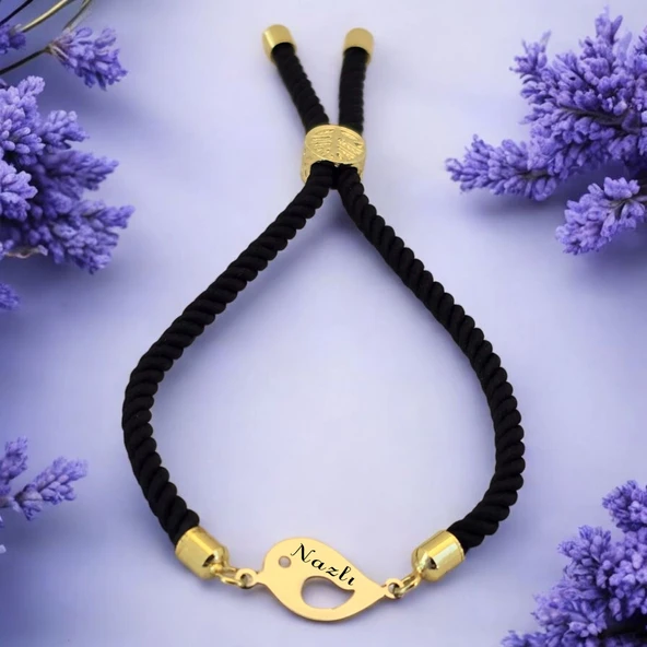 14 Ayar Altın Plakalı İsme Özel Sevgi Kuşu Figürlü Siyah İpek Örgülü Hediye Bileklik-610 ürün görseli