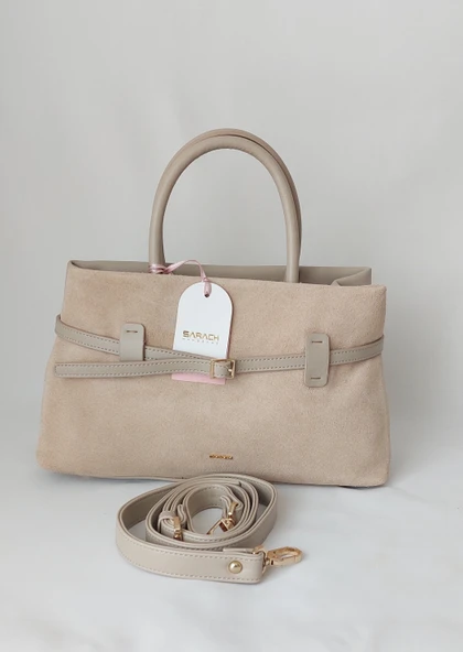 261AA115-1 Model Sarach Marka Bej Renk Hakiki Süet El ve Omuz Çantası