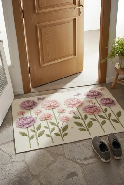 Valerine Life İplikten Düşler Nakışlı Şakayık Çiçekler Welcome Hoş Geldiniz Dijital Baskı Kapı Önü Paspası 45x70cm ürün görseli