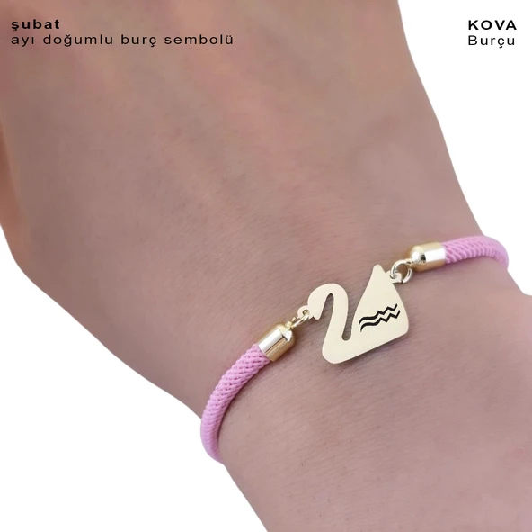 14 Ayar Altın Plakalı Doğum Ayına Özel Pembe Örgü İpli Kuğu Kuşu Motifli Hediye Bileklik-609 - Resim 3