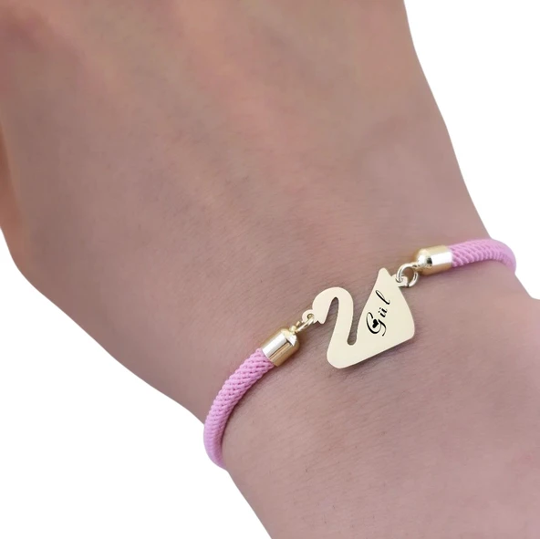 14 Ayar Altın Plakalı İsme Özel Kuğu Kuşu Motifli Pembe Örgü İpli Hediye Bileklik-609 - Resim 3