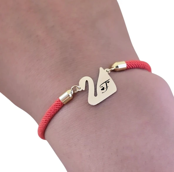 14 Ayar Altın Plakalı Harfe Özel Turuncu İpek Örgülü Kuğu Kuşu Figürlü Hediye Bileklik-608 - Resim 3