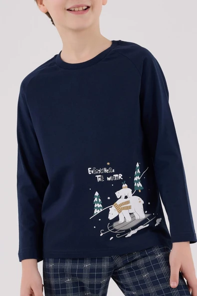 Arnetta Garson Erkek Çocuk Aile %100 Pamuk 4 Mevsim Uzun Kollu Ekoseli Pijama Takım - 6