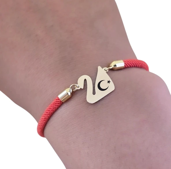 14 Ayar Altın Plakalı Sembole Özel Kuğu Kuşu Figürlü Turuncu İpek Örgülü Hediye Bileklik-608 - Resim 3