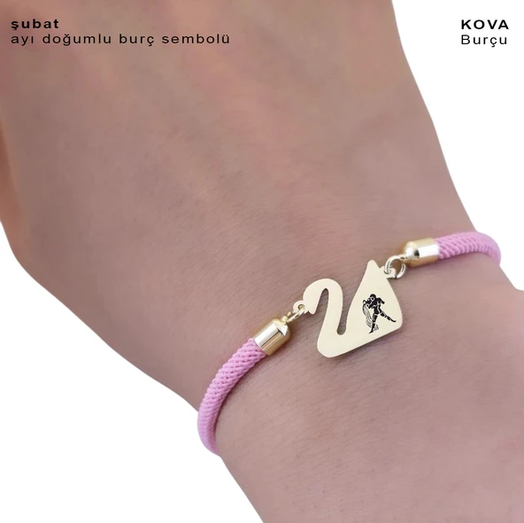 14 Ayar Altın Plakalı Burca Özel Pembe Örgü İpli Kuğu Kuşu Motifli Hediye Bileklik-609 - Resim 3